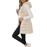Genérico Chaleco Largo Para Mujer Sin Mangas Acolchado Mujer Invierno Largo Chaquetas Chaleco Tallas Grandes con Capucha con Cremallera de Plumas Abrigos (3-Beige, M)