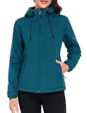 Vancavoo Chaqueta Softshell Mujer Corta Repelente al Agua con Forro Polar | Abrigo Con Capucha Fija, Forro Polar y Bolsillos con Cremallera para Senderismo, Primavera y Otoño,Azul,L