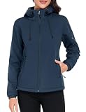 CMTOP Chaqueta Softshell Mujer Corta Forro Polar Cálida Abrigo Repelente al Agua Cortavientos Outdoor Chaqueta, Chubasquero con Capucha para Correr, Senderismo, Deportes(Azul marino,XL)