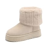 AYWTIUN Botas Nieve Mujer Zapatos for Mujer Botas de Invierno for Mujer Botas Negras de Punta Redonda con tacón Medio cálido Afelpado Liso Impermeables Botas de Nieve Informales for Mujer(Beige,37)