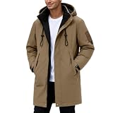 Generisch Chaqueta larga para hombre - Chaqueta acolchada caliente - Sudadera con capucha - Abrigo de plumón grueso - Impermeable - Resistente al viento - Cortavientos, caqui, L