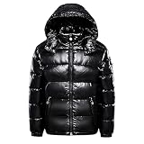 Earnmore Chaquetas de plumón para hombre, color sólido, para invierno, nieve, con capucha, cremallera, metal, brillante, cortavientos, parka, Negro, M
