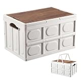 YushengTai Caja de camping plegable de 30 L con tapa, caja plegable con tapa de madera, caja de almacenamiento apilable para camping, coche y maletero, caja de camping 43 x 30 x 24 cm (blanco, 30 L)