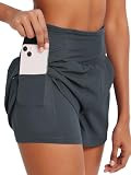 Monbessi Pantalones Cortos Deportivos 2 en 1 para Correr para Mujer, con Bolsillo con Cremallera, Pantalones Cortos de natación para Entrenamiento, Yoga, Trotar, Gris, S