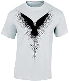 Baddery Camiseta vikinga para hombre - „Cuervo de las sombras“ (Blanco L) | Camiseta vikinga para hombre del cuervo nórdico