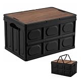 YushengTai Caja de camping plegable de 30 l con tapa, caja plegable con tapa de madera, caja de almacenamiento apilable para camping, coche y maletero, caja de camping 43 x 30 x 24 cm (negro, 30 L)