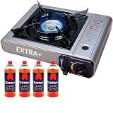 COCINA PORTÁTIL DOBLE + QUEMADOR GAS 4 BOTELLAS MALETÍN ESTUFA CAMPING