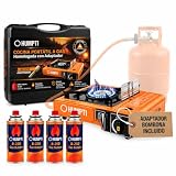 Camping Gas Portatil con adaptador de Bombona + 4 Cartuchos, Pack Hornillo + 4 Cartuchos, Hornillo Camping Gas Portátil, Cocinal, Infernillo, Fogareiro